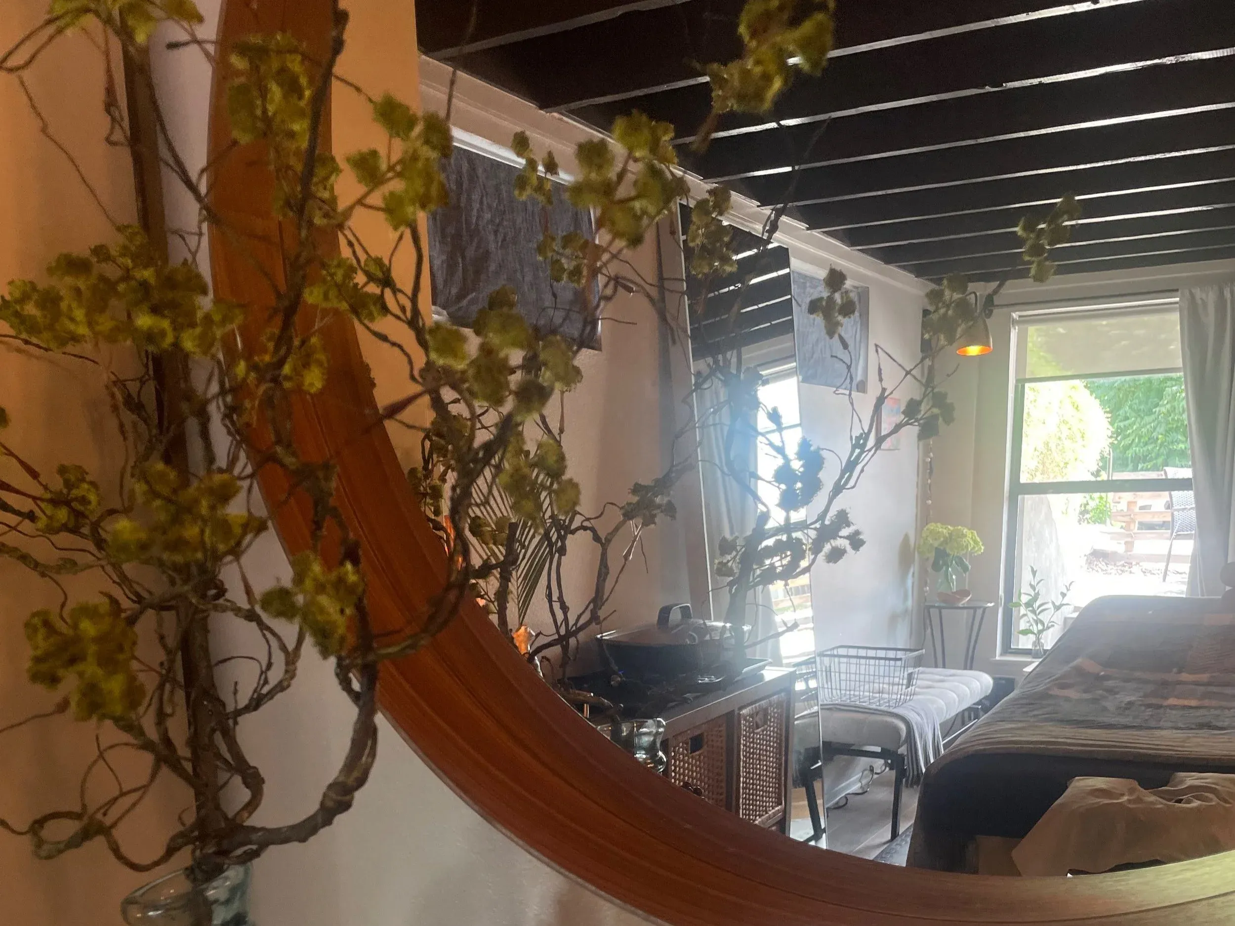 Studio interior view past a foreground vase of dried branches into the treatment area, mirror reflecting the room, soft natural light